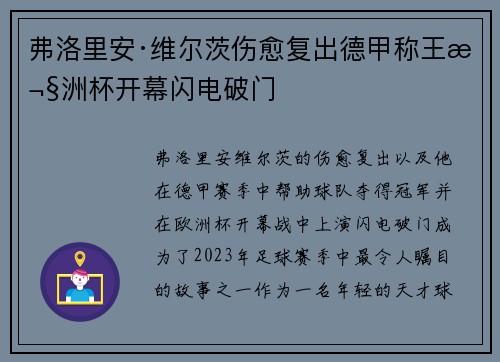 弗洛里安·维尔茨伤愈复出德甲称王欧洲杯开幕闪电破门 弗洛里安·维尔茨伤愈复出德甲称王欧洲杯开幕闪电破门